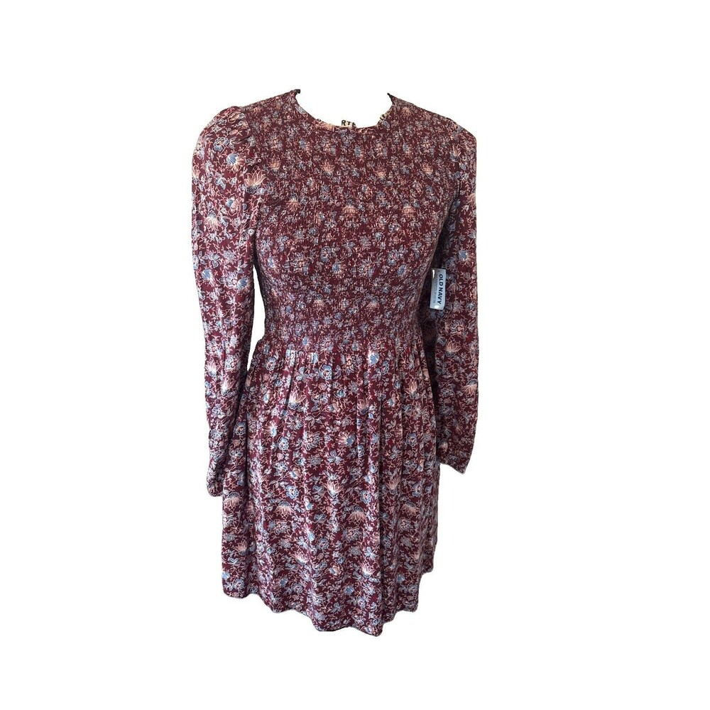 Old Navy Red Floral Long Sleeve Mini Dress Size XS Smocked cottagecore prairie
